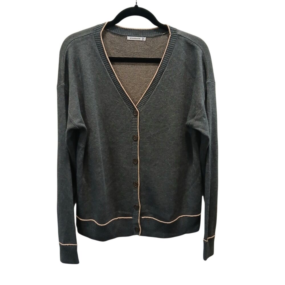 Staccato Cardigan Sweater Womens Size Large Gray V-Neck Contrast Trim Button
